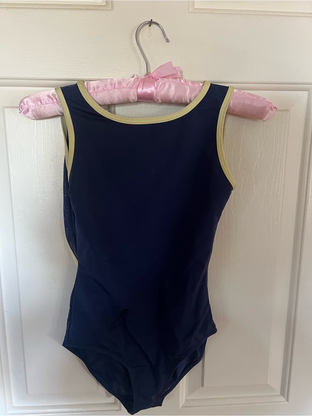 Navy kids dance leotard with Light Yellow Trim